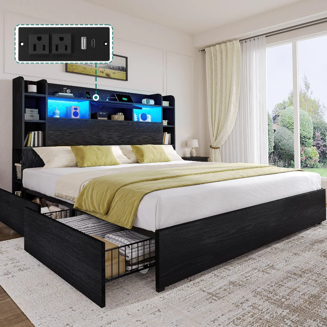 DWVO King Bed Frame, Bookcase Headboard & 4 Drawers