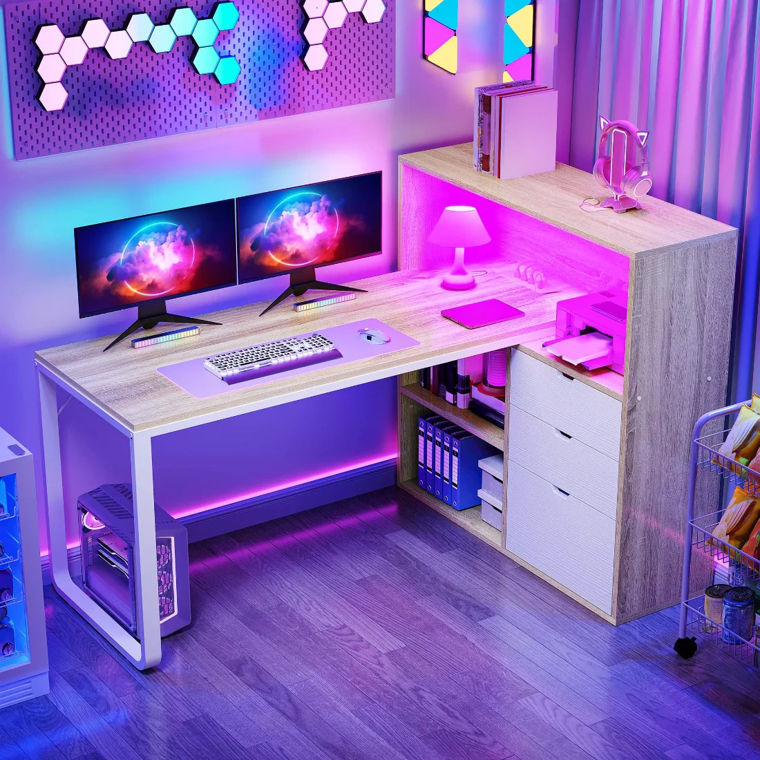 DWVO L-Shaped Corner Desk 55 in, LED & Power