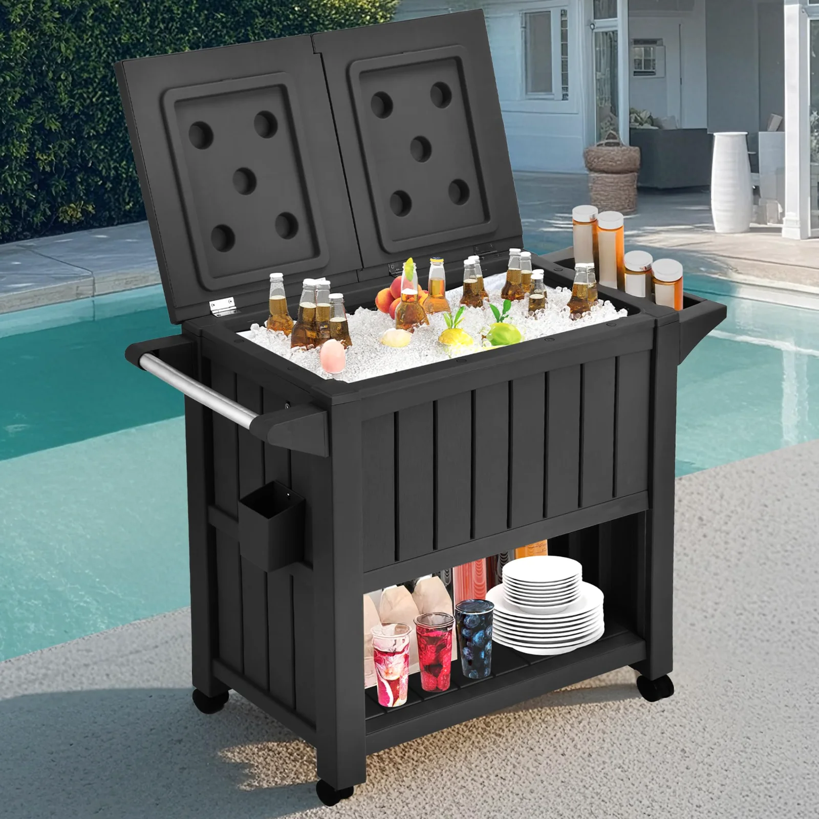 The 85-quart cart at serving height, food cooler resting shut elsewhere.