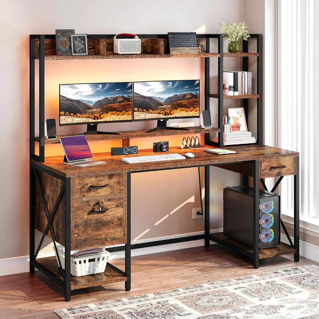 DWVO Computer Desk with Hutch 59 in, LED & Power