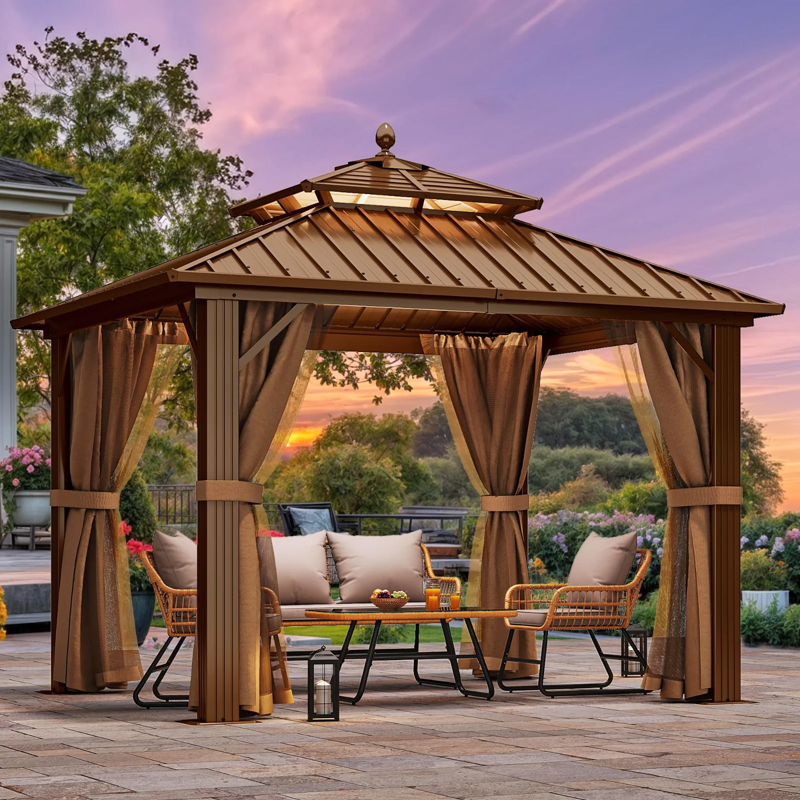 A DWVO hardtop gazebo standing over a patio table at dusk