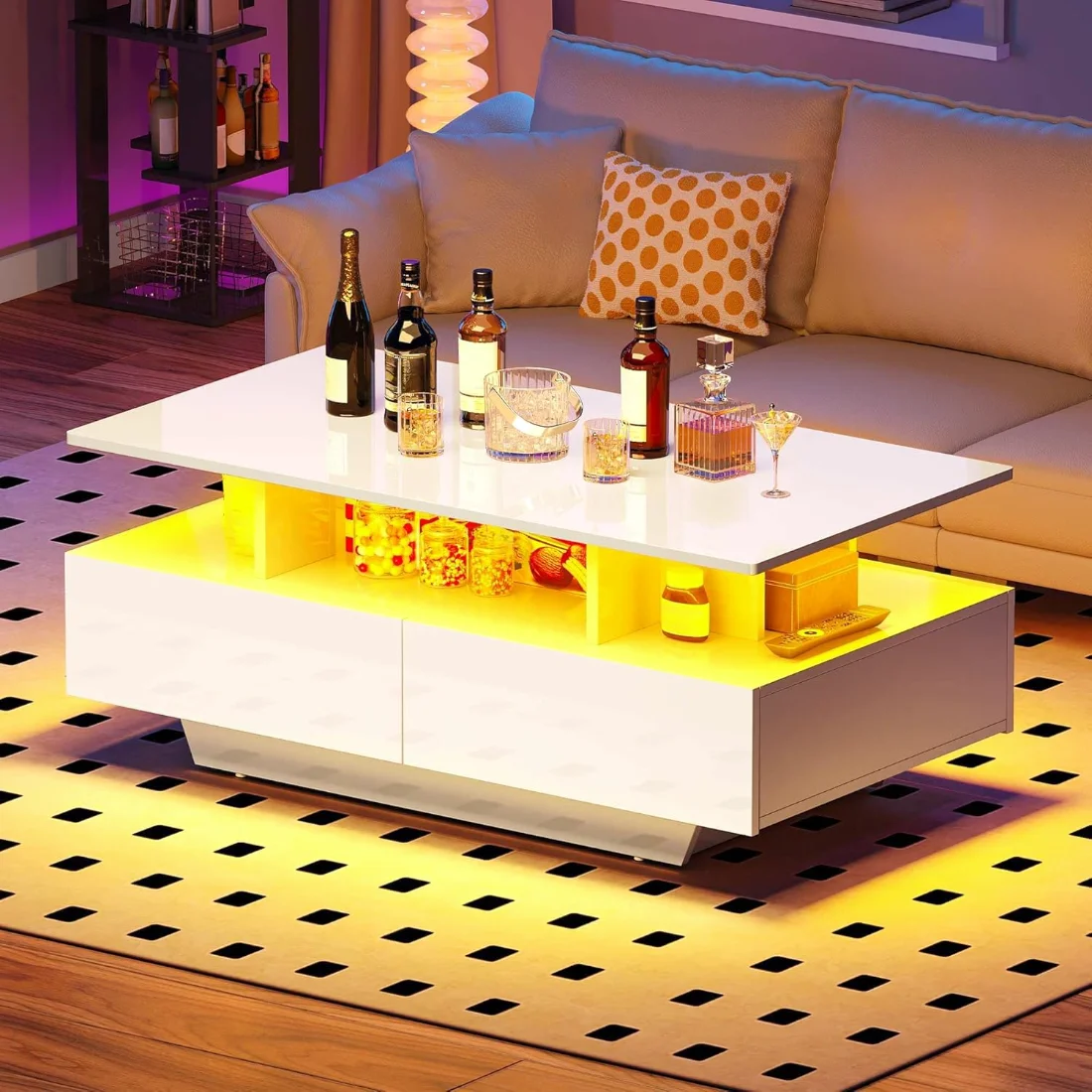 DWVO LED Coffee Table with Storage, 4 Drawers