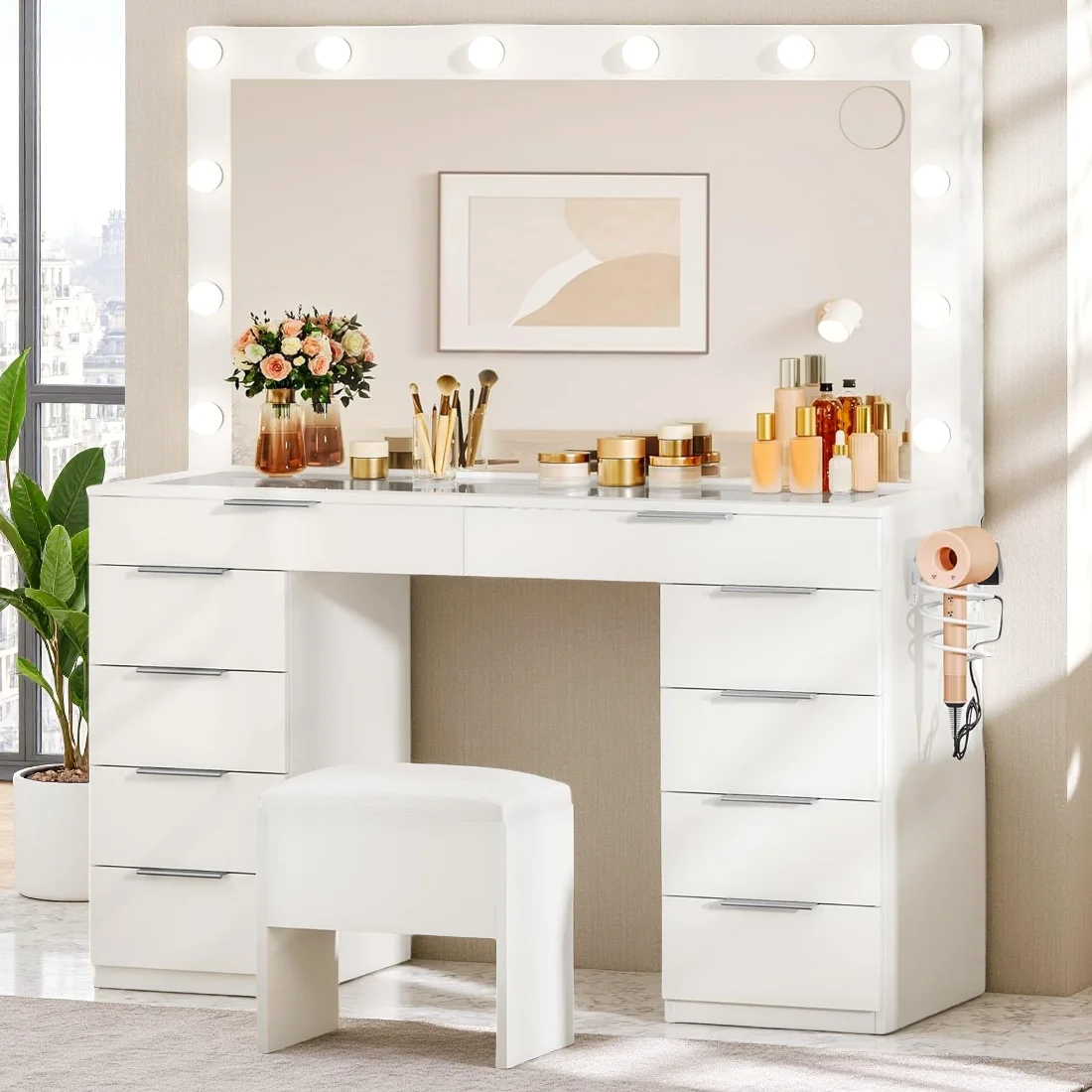 DWVO Glass Top Makeup Vanity 46 in, 10 Drawers