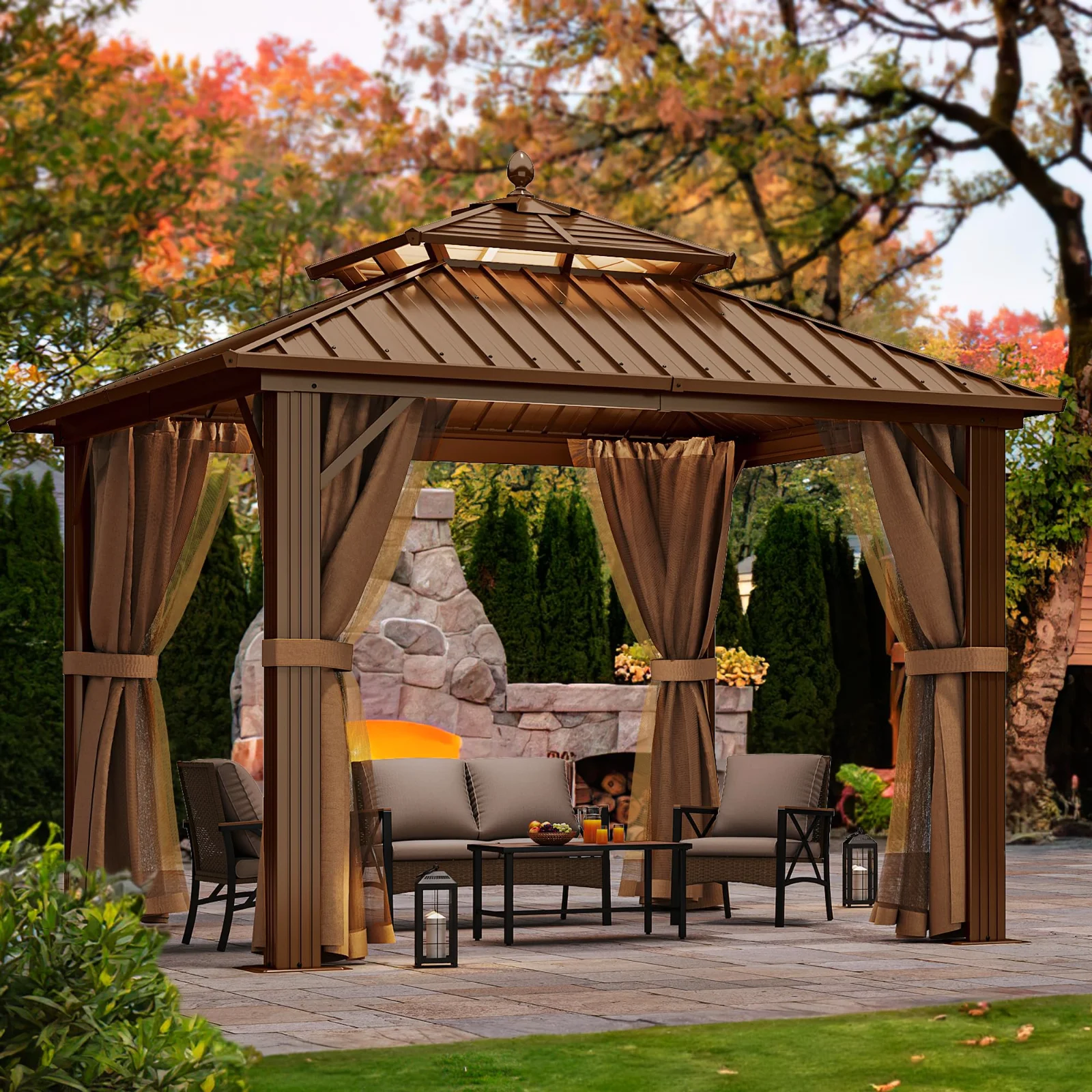 A DWVO hardtop gazebo over a stone patio in autumn