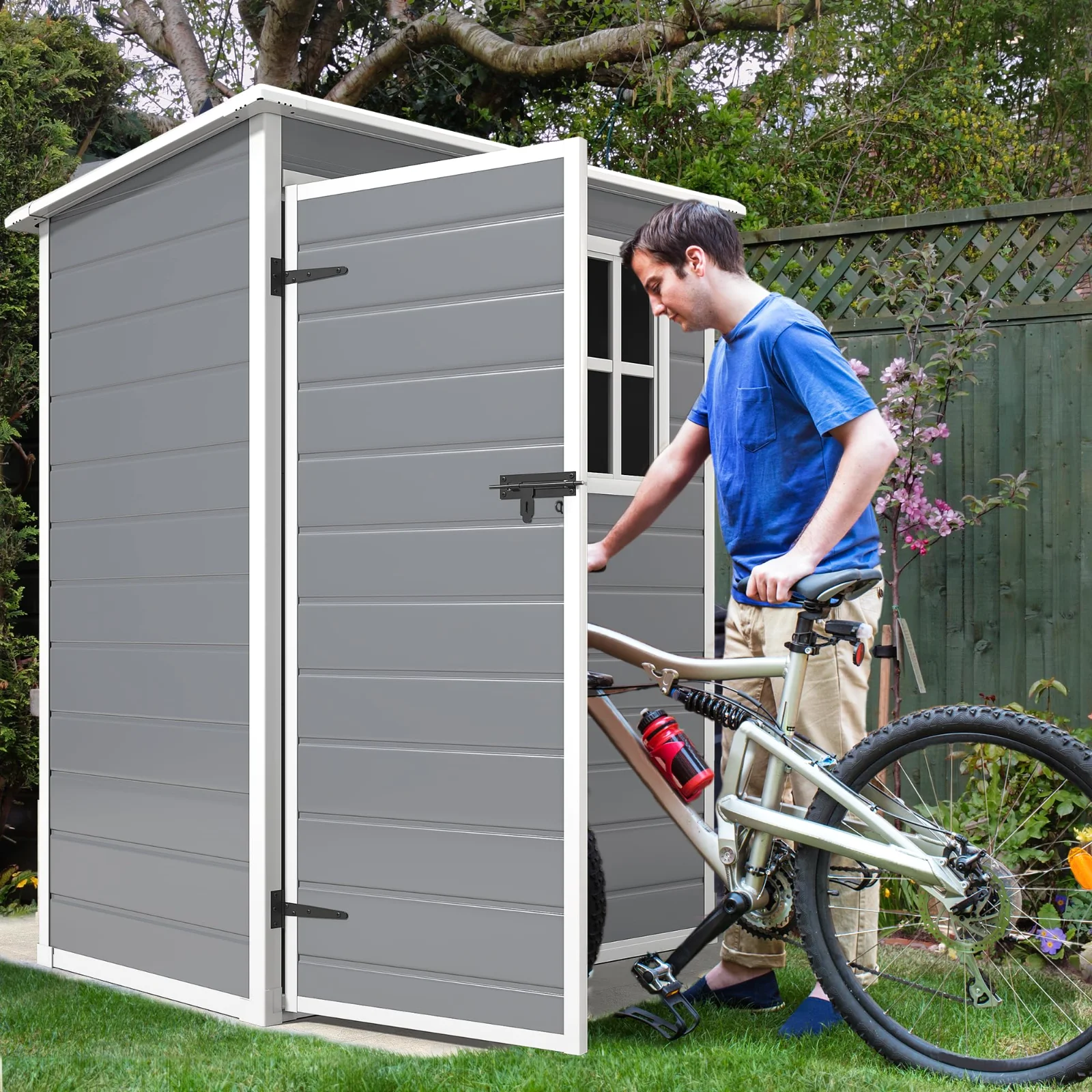 A bike rolling into the 5x3 resin shed