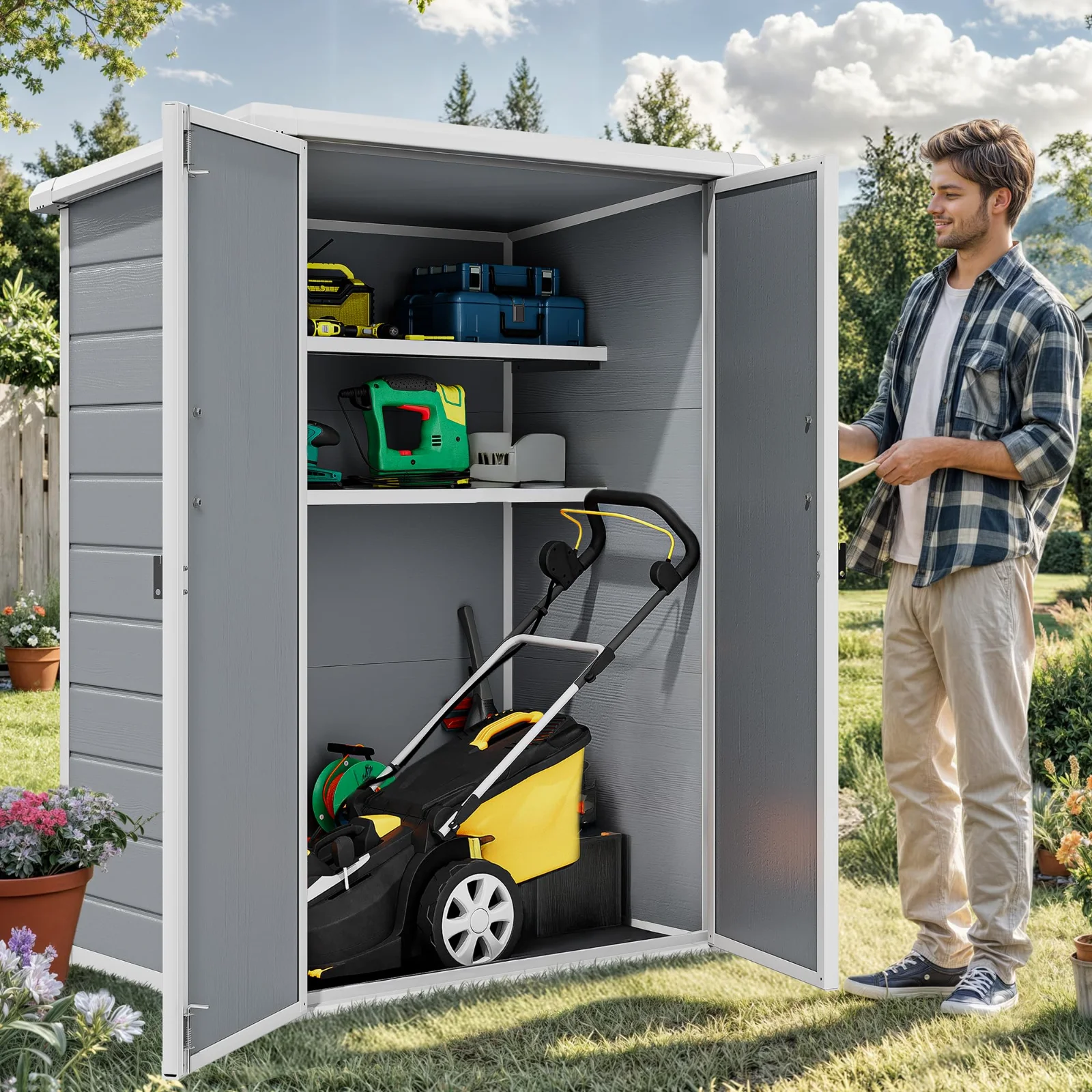 A DWVO storage shed mid-assembly, panels laid out on the grass