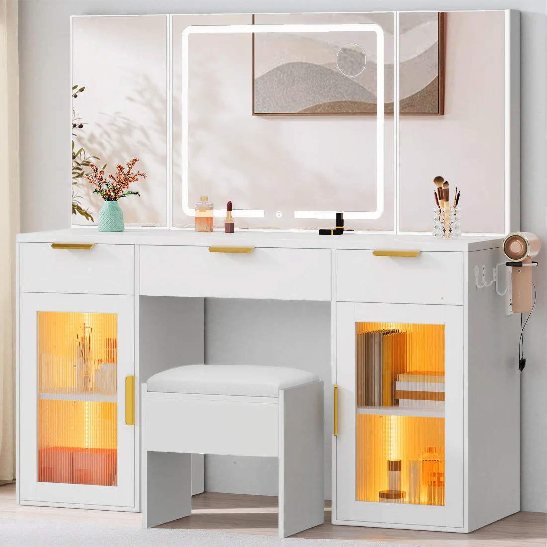 DWVO LED Vanity Desk 56 in, Tri-Fold Mirror