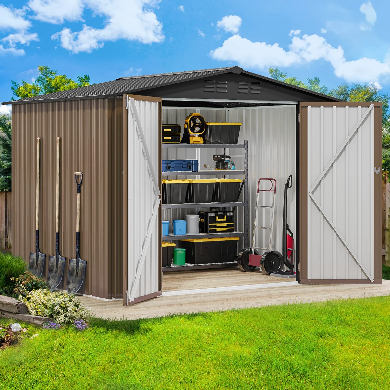 A DWVO metal storage shed with its doors open and tools racked inside